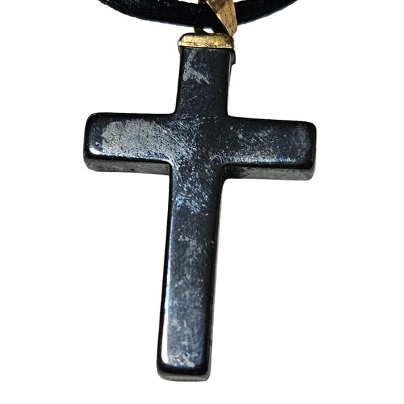 Black Cross Pendant Cord Necklace Rhinestone Accent Religious Spiritual Jewelry - Picture 3 of 5